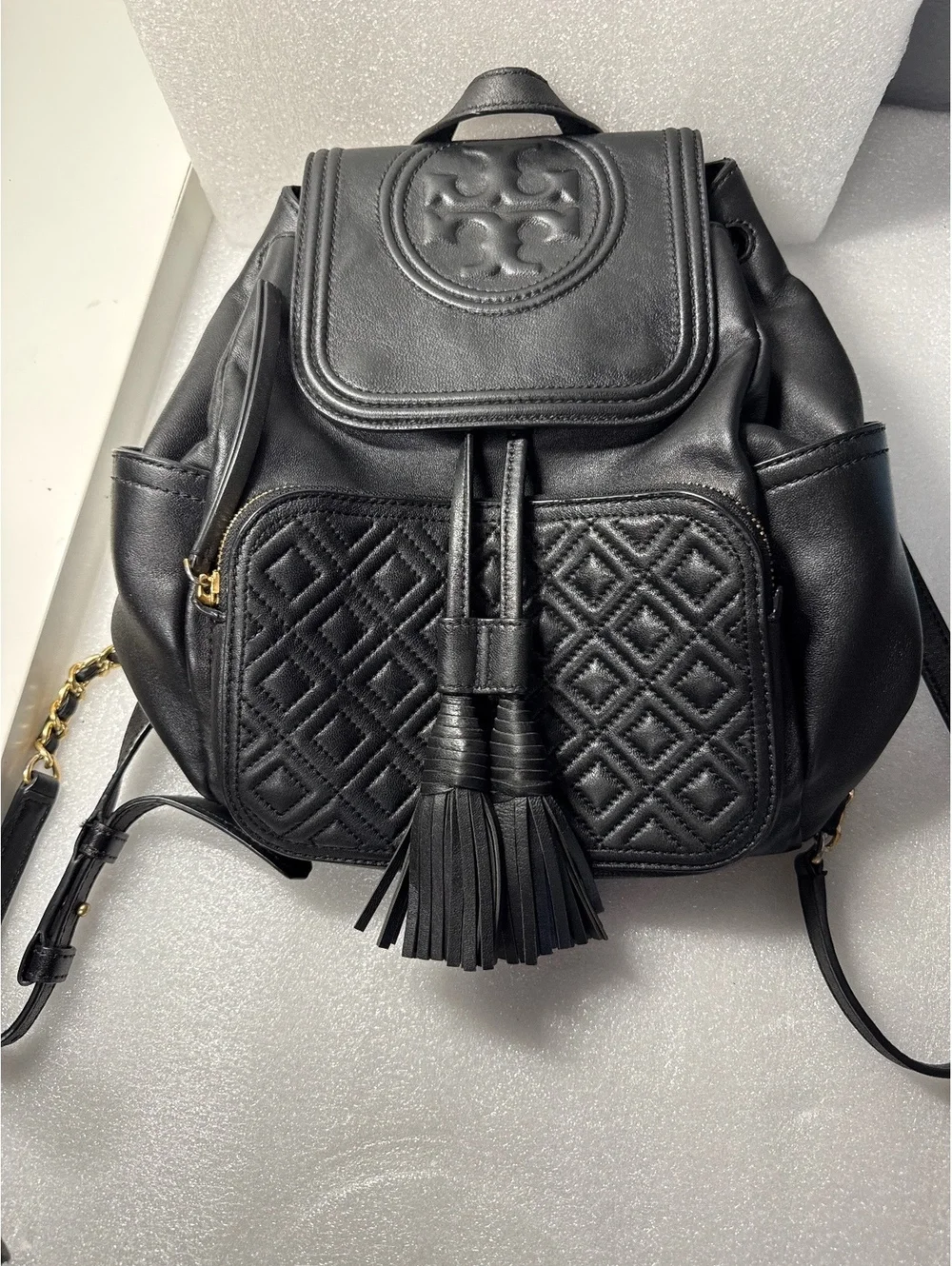 Authentic Tory Burch Black Leather Quilted Logo Backpack with Tassels